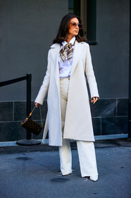 white total look, white shirt, white coat, white jeans, dior scarf, monogrammed scarf, beige scarf, printed scarf, big sunglasses, square shape glasses, smoked sunglasses, flare jeans, used jeans, monogrammed bag, brown leather bag, louis vuitton bag, street style, jonathan paciullo, FW, frenchystyle, fashion week, MFW, MILAN, SPRING SUMMER 2021, SS 21, vertical, full length
