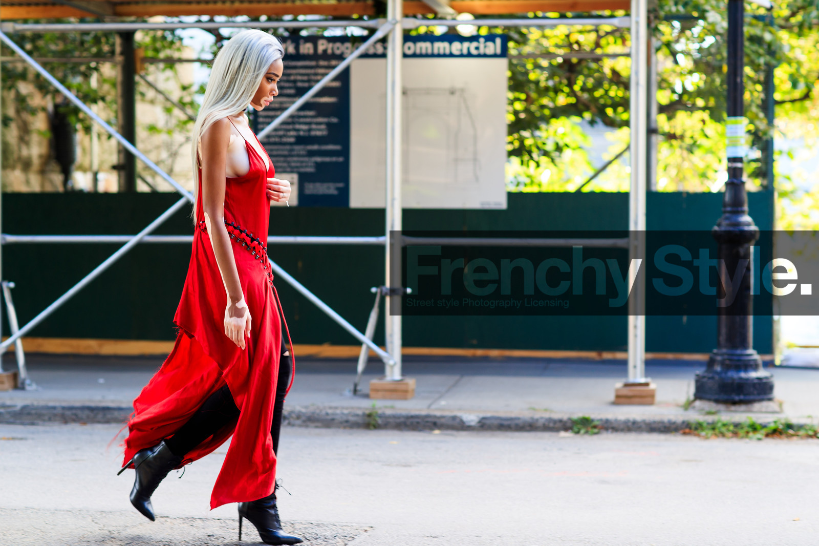 atmosphere details, black boots, black denim, choker, denim pants, fashion week, frenchystyle, full length, FW, high boots, high heels, horizontal, iphone, jeans, jonathan paciullo, leather boots, NEW YORK, NYFW, red dress, ripped pants, SPRING SUMMER 2017, SS 17, street style, trousers, winnie harlow, woman