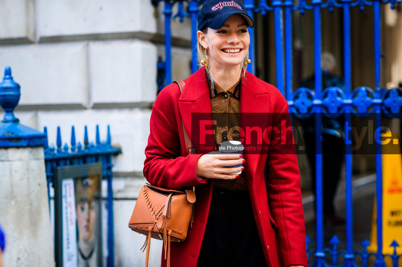 atmosphere details, black cap, black pants, brown bag, brown shirt, detail, earrings, fashion week, frenchystyle, fringes, FW, horizontal, jonathan paciullo, leather bag, LFW, loewe, LONDON, red coat, SPRING SUMMER 2018, SS 18, street style, trousers