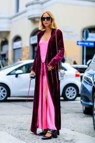 black shoes, bordeaux, burgundy, candela novembre, embroidered bag, fashion week, frenchystyle, full length, fuschia, FW, high heels, jonathan paciullo, leather bag, leather shoes, long dress, MFW, MILAN, pink dress, red jacket, SPRING SUMMER 2017, SS 17, street style, sunglasses, velvet, vertical, white bag