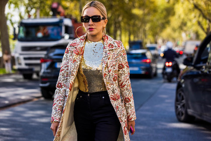 black denim, black pants, coat, denim, floral print, flower print, gold top, hoops, jean, oversize hoops, pants, printed coat, rectangle sunglasses, sequins, sunglasses, Tina Leung, fashion week, frenchystyle, FW, jonathan paciullo, street style, PFW, PARIS, SPRING SUMMER 2022, SS 22, atmosphere details, horizontal