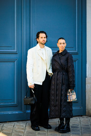 white blazer, white shirt, black trousers, black handbag, black shoes, black boots, leather shoes, long jacket, winter jacket, dior, puffed jacket, mini dior bag, multicolor bag, lady dior bag, fashion week, frenchystyle, FW, jonathan paciullo, street style, PARIS, PFW, SPRING SUMMER 2022, SS 22, full length, vertical, alice & j.s, alice barbier, JS roques