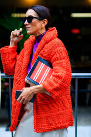 céline, earrings, graphic bag, leather bag, printed bag, red bag, red jacket, striped bag, sunglasses, street style, jonathan paciullo, FW, frenchystyle, fashion week, NYFW, NEW YORK, SPRING SUMMER 2019, SS 19, vertical, detail, atmosphere details