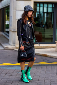 animal print, bag, Barbara Malewicz, black and white sunglasses, black bag, black bob, black dress, black perfecto, bob, boots, dress, green boots, leather bag, leather boots, leather dress, leather perfecto, maison michel hat, perfecto, print, printed bob, printed dress, sunglasses, street style, jonathan paciullo, FW, frenchystyle, fashion week, PFW, PARIS, SPRING SUMMER 2022, SS 22, vertical, full length