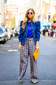 balenciaga, blue denim, blue t shirt, checked, denim jacket, emili sindlev, graphic pants, leather bag, plaid, printed pants, sunglasses, trousers, wide pant, yellow bag, yellow pants, fashion week, frenchystyle, FW, jonathan paciullo, street style, LFW, LONDON, SPRING SUMMER 2019, SS 19, vertical, full length