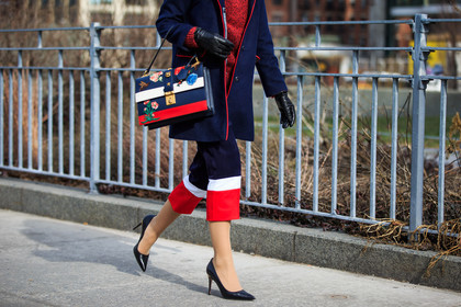 atmosphere details, AUTUMN WINTER 2016-2017, AW 16-17, black gloves, black heels, blue, blue bag, blue jacket, blue pants, detail, fashion week, floral, flower, frenchystyle, FW, FW 16-17, gucci, high heels, horizontal, jonathan paciullo, leather bag, leather gloves, leather shoes, navy, navy jacket, NEW YORK, NYFW, printed bag, red, street style, striped pants, stripes, white, woman