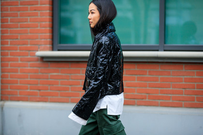 atmosphere details, AUTUMN WINTER 2017-2018, AW 17-18, black jacket, detail, FALL WINTER 2017-2018, fashion week, fendi, frenchystyle, FW, FW 17-18, green pants, horizontal, jonathan paciullo, leather jacket, MFW, MILAN, street style, trousers, varnished leather, vinyl, white shirt, yoyo cao