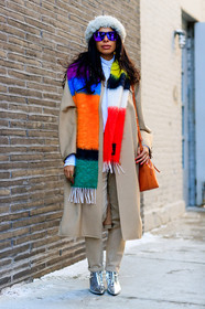 AUTUMN WINTER 2017-2018, AW 17-18, beige coat, beige pants, FALL WINTER 2017-2018, fashion week, frenchystyle, full length, FW, FW 17-18, jonathan paciullo, leather bag, leather shoes, loewe, NEW YORK, NYFW, printed scarf, shiny boots, silver shoes, street style, sunglasses, trousers, turtleneck sweater, vertical, white beanie, white sweater