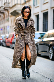animal print, black shoes, black top, brown coat, graphic jacket, high boots, high heels, leather shoes, leopard, printed jacket, sunglasses, trench coat, yoyo cao, fashion week, frenchystyle, FW, jonathan paciullo, street style, MFW, MILAN, SPRING SUMMER 2019, SS 19, vertical, full length