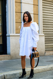 black shoes, graphic bag, high heels, leather bag, leather shoes, printed bag, Tiffany Hsu, white dress, fashion week, frenchystyle, FW, jonathan paciullo, street style, MFW, MILAN, SPRING SUMMER 2019, SS 19, vertical, full length