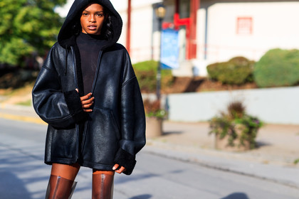 atmosphere details, black dress, black jacket, detail, fashion week, frenchystyle, FW, high boots, hood, horizontal, jonathan paciullo, leather jacket, NEW YORK, NYFW, see through, shearling, SPRING SUMMER 2017, SS 17, street style, transparent, woman