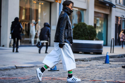 acne studios, adidas, atmosphere details, AUTUMN WINTER 2016-2017, AW 16-17, black jacket, black perfecto, detail, fashion week, frenchystyle, FW, FW 16-17, horizontal, jonathan paciullo, leather jacket, leather perfecto, leather sneakers, NEW YORK, NYFW, street style, sunglasses, superstar sneakers, white pants, white sneakers, wide pants, woman, zip