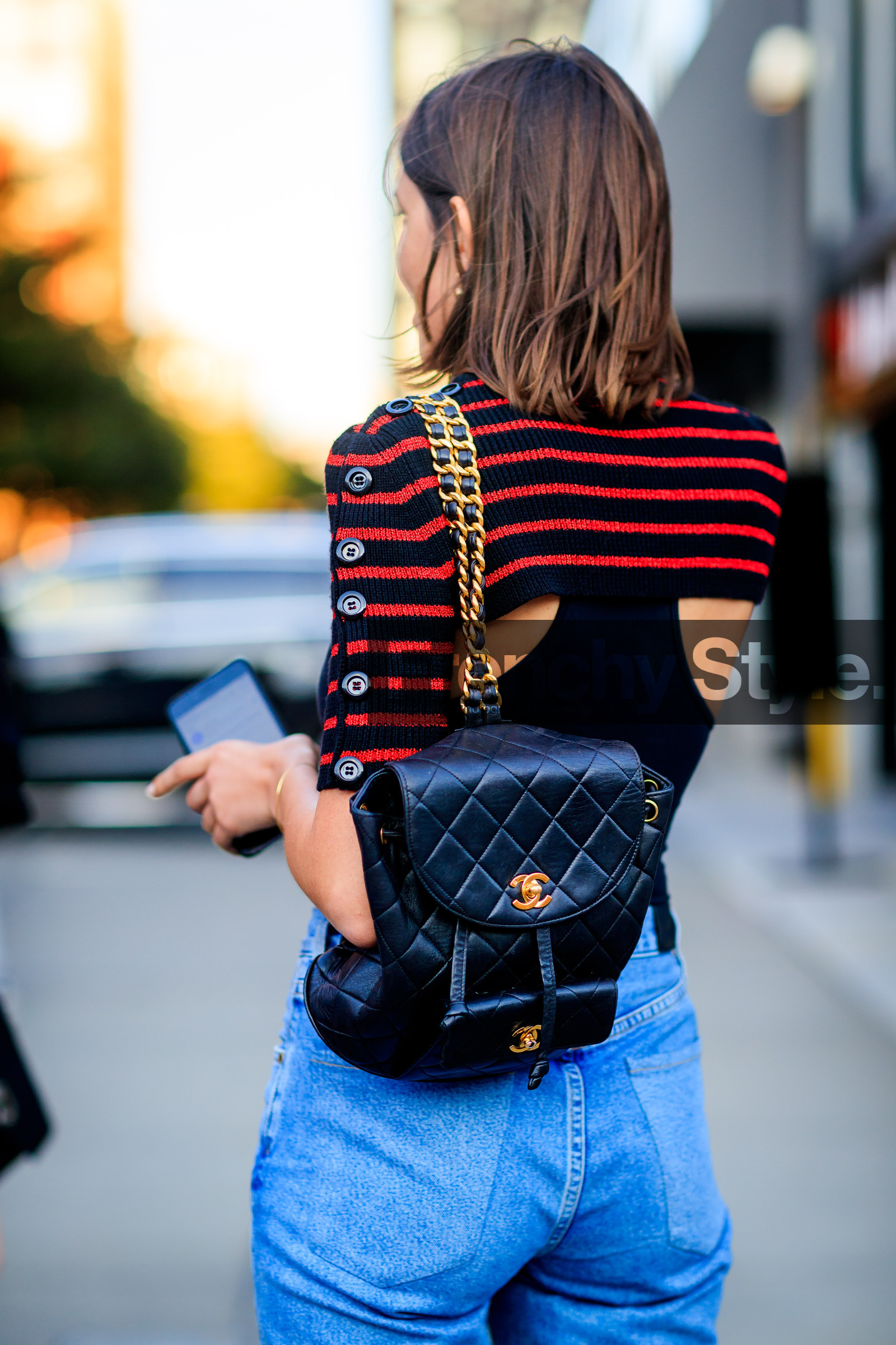 atmosphere details, back detail, black bag, blue denim, chanel, cropped top, denim pants, detail, fashion week, frenchystyle, FW, jeans, jonathan paciullo, leather backpack, leather bag, NEW YORK, NYFW, SPRING SUMMER 2018, SS 18, street style, striped top, trousers, vertical