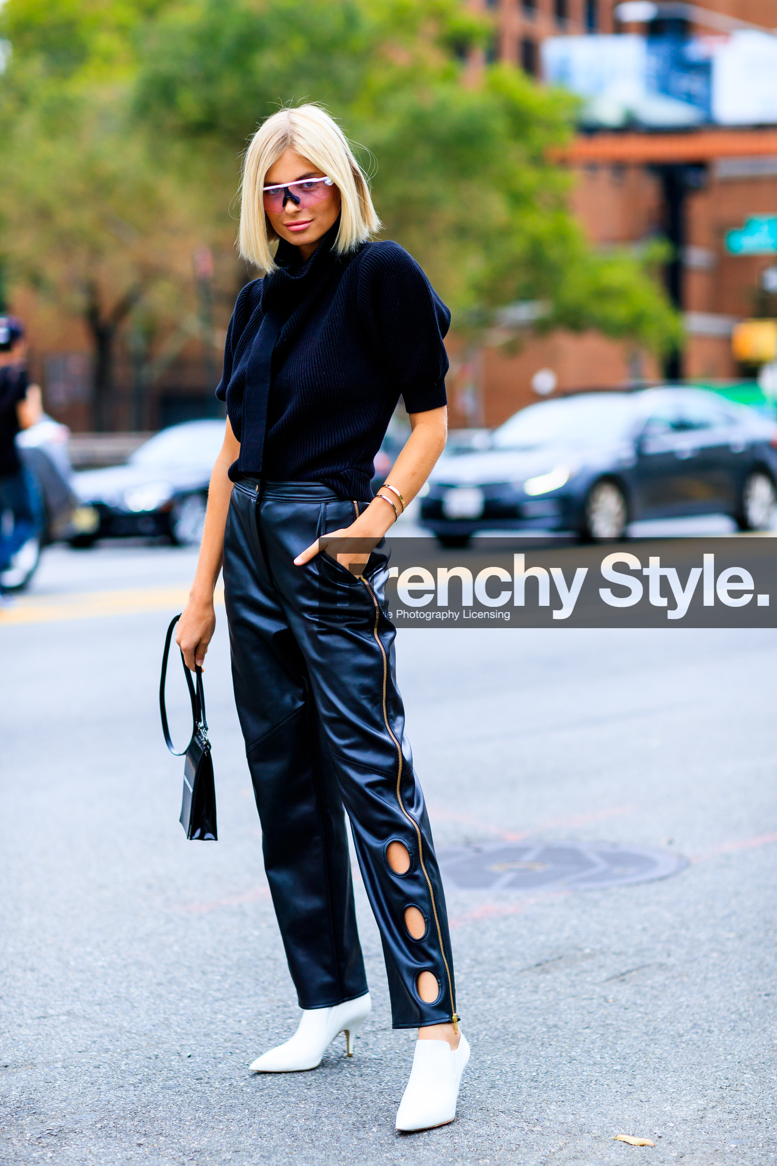 black bag, black pants, black sweater, high heels, leather bag, leather pants, leather shoes, sunglasses, trousers, white boots, xenia adonts, fashion week, frenchystyle, FW, jonathan paciullo, street style, NYFW, NEW YORK, SPRING SUMMER 2019, SS 19, vertical, full length