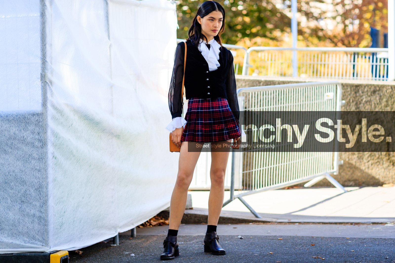 atmosphere details, black boots, black top, camel bag, checked skirt, fashion week, frenchystyle, full length, FW, graphic skirt, horizontal, jonathan paciullo, lace, leather bag, leather shoes, model, PARIS, PFW, plaid, pleated skirt, printed skirt, red skirt, see through, silk top, SPRING SUMMER 2017, SS 17, street style, tartan