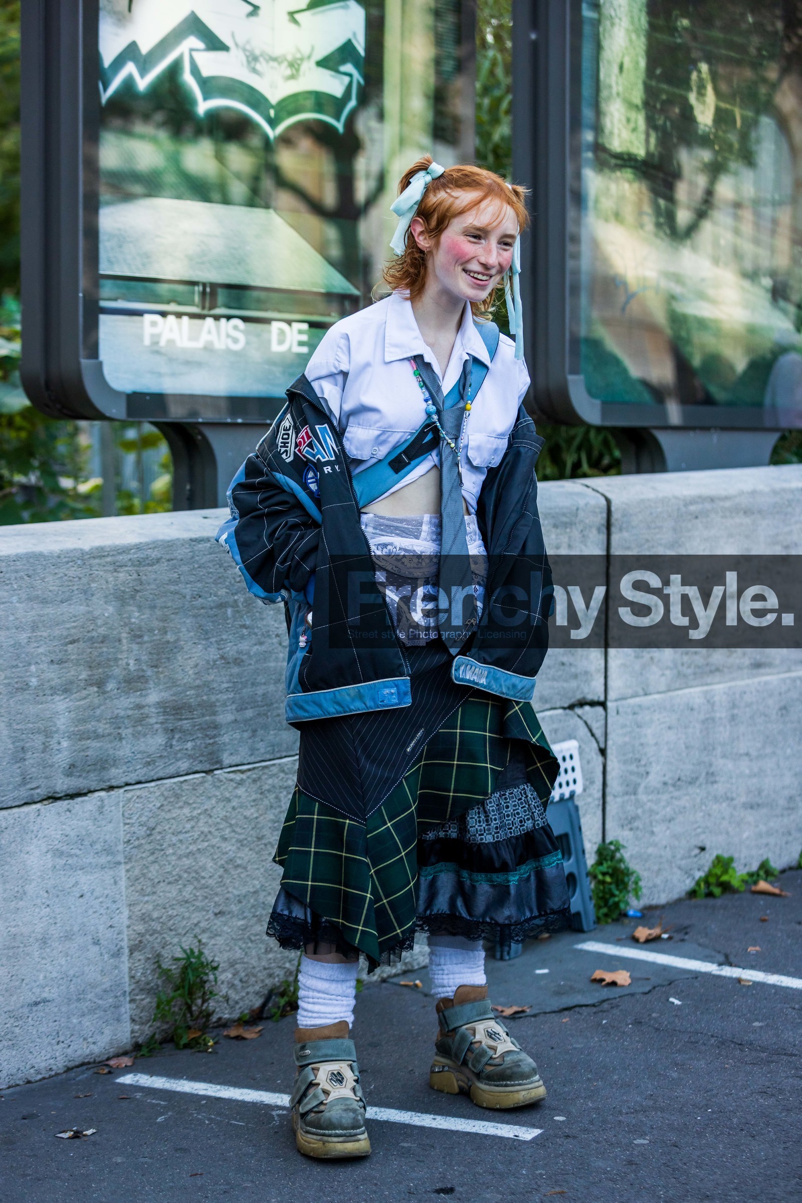 bead necklace, blue jacket, blue tie, blush, checked jacket, checked skirt, green skirt, hairstyle, jacket, lace, makeup, patchwork, pony tail, print, printed jacket, printed skirt, printed tie, ruggles, skirt, smartphone, sock, tartan skirt, tie, white shirt, boots, sock, khaki boots, fashion week, frenchystyle, FW, jonathan paciullo, street style, PFW, PARIS, SPRING SUMMER 2022, SS 22, vertical, full length