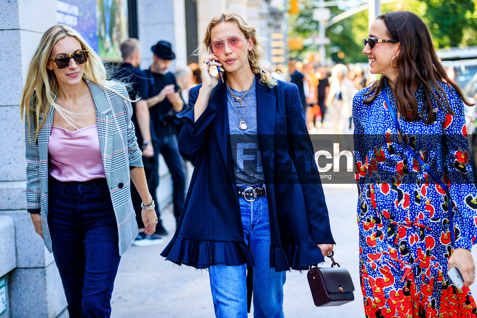 atmosphere details, black bag, black belt, blazer, blue denim, blue dress, blue jacket, bordeaux, burgundy, checked jacket, denim pants, detail, fashion week, frenchystyle, FW, grey jacket, grey t shirt, horizontal, jeans, jonathan paciullo, leather bag, leather belt, necklace, NEW YORK, NYFW, pink top, plaid, printed dress, red bag, SPRING SUMMER 2018, SS 18, street style, sunglasses, trousers
