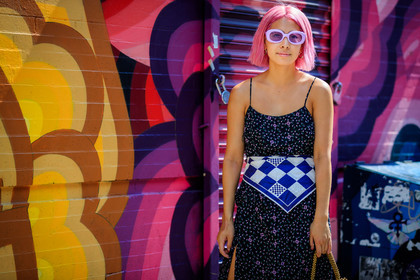 black dress, blue scarf, checked, dyed hair, graphic dress, pink hair, plaid, printed dress, printed scarf, sunglasses, fashion week, frenchystyle, FW, jonathan paciullo, street style, NYFW, NEW YORK, SPRING SUMMER 2019, SS 19, atmosphere details, horizontal, detail