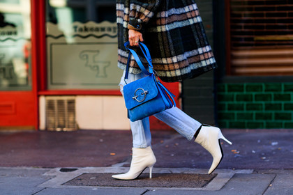 blue bag, blue denim, checked, denim pants, graphic jacket, green jacket, high heels, jeans, leather bag, leather shoes, plaid, printed jacket, suede bag, trousers, white boots, fashion week, frenchystyle, FW, jonathan paciullo, street style, LFW, LONDON, AUTUMN WINTER 2018-2019, AW 18-19, FALL WINTER 2018-2019, FW 18-19, horizontal, atmosphere details, detail, pernille teisbaek