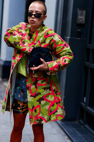 black bag, black skirt, floral, flowers, graphic jacket, graphic skirt, green jacket, leather bag, prada, printed jacket, printed skirt, shaved head, sunglasses, tights, fashion week, frenchystyle, FW, jonathan paciullo, street style, LFW, LONDON, SPRING SUMMER 2019, SS 19, vertical, detail, atmosphere details