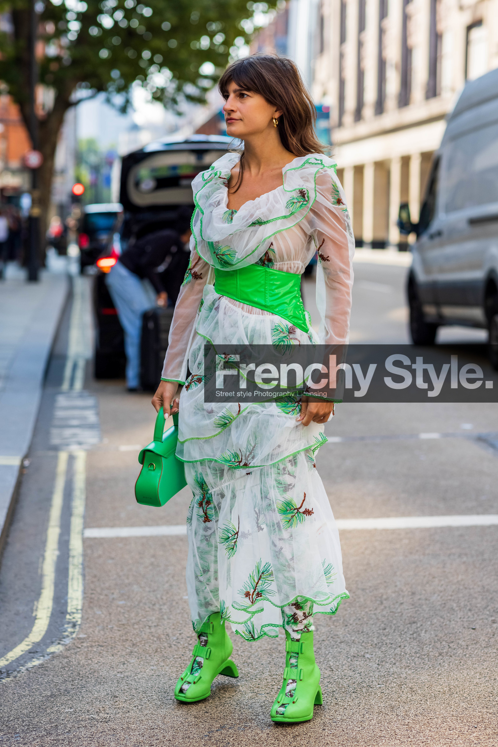 maxi dress, flowered dress, green, Bags, handbag, boots, print, dress, belt, fashion week, frenchystyle, FW, jonathan paciullo, street style, SPRING SUMMER 2022, SS 22, LFW, LONDON, vertical, full length