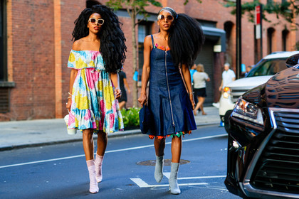 atmosphere details, blue boots, blue denim, blue dress, bustier dress, Cipriana And Takenya Quann, denim dress, fashion week, frenchystyle, full length, FW, horizontal, jonathan paciullo, leather bag, NEW YORK, NYFW, off the shoulder, pink, pink boots, printed dress, scarf, SPRING SUMMER 2017, SS 17, street style, sunglasses, tie & die, turquoise, white, white bag, woman, yellow, zip