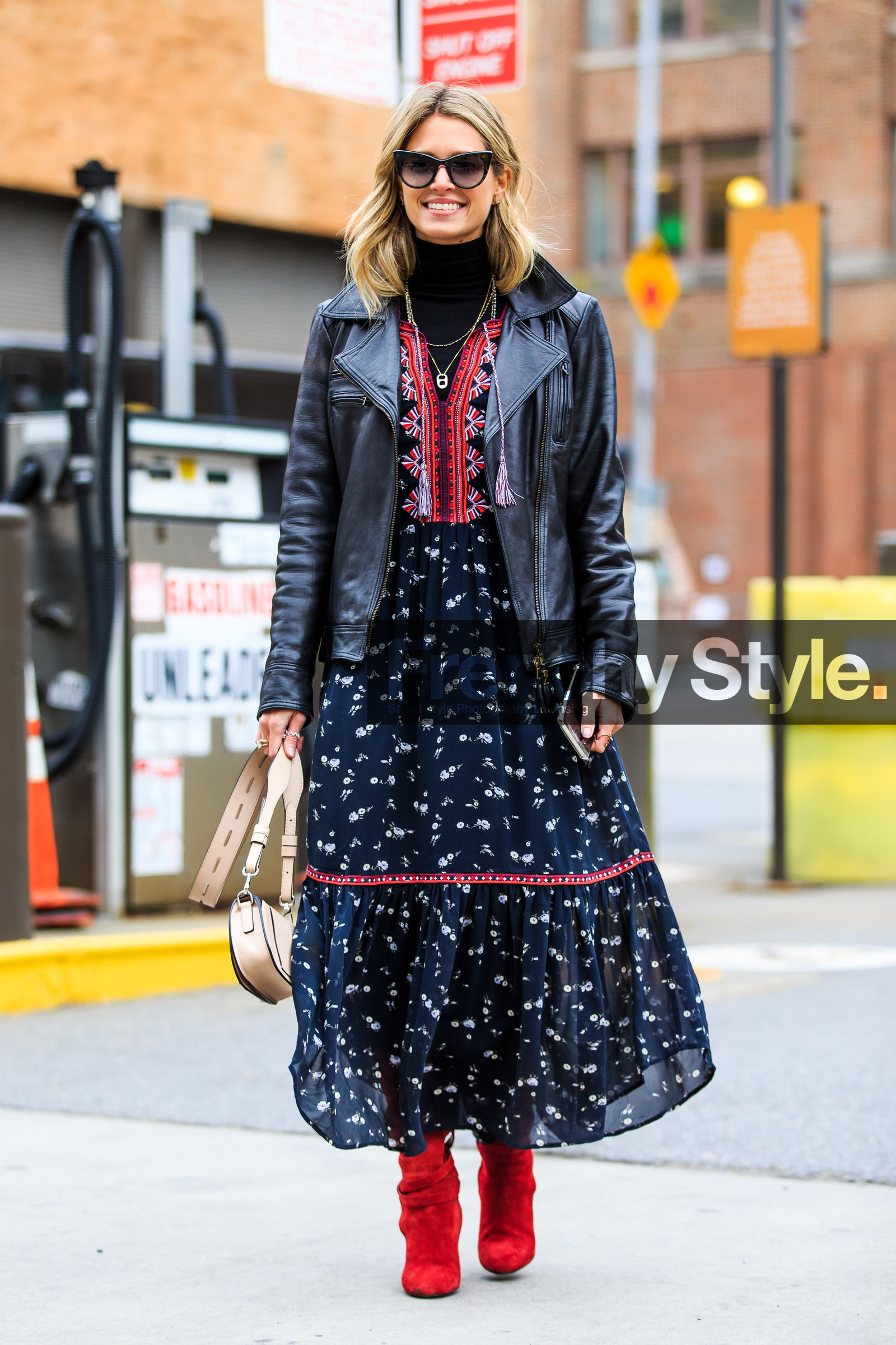AUTUMN WINTER 2016-2017, AW 16-17, beige bag, black dress, black jacket, black perfecto, black turtleneck, chiffon dress, embroidered top, fashion week, frenchystyle, full length, FW, FW 16-17, helena bordon, high heels, jonathan paciullo, leather bag, long dress, mini bag, NEW YORK, NYFW, printed bag, printed dress, red boots, street style, suede shoes, sunglasses, vertical, woman