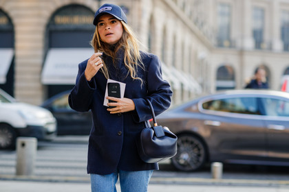 black bag, blazer, blue denim, blue jacket, cap, denim pants, jeans, leather bag, navy jacket, patagonia, trousers, fashion week, frenchystyle, FW, jonathan paciullo, street style, PFW, PARIS, SPRING SUMMER 2017, SS 17, HAUTE COUTURE, atmosphere details, detail, horizontal, mira duma, miroslava duma