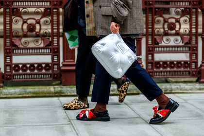 black loafers, black shoes, brown jacket, graphic jacket, leather bag, leather shoes, maison martin margiela, navy pants, printed jacket, red socks, trousers, white bag, street style, jonathan paciullo, FW, frenchystyle, fashion week, LFW, LONDON, AUTUMN WINTER 2019-2020, AW 19-20, FW 19-20, FALL WINTER 2019-2020, horizontal, atmosphere details, detail