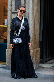 black dress, silk dress, jacquard dress, fringe dress, silvered dress, sequins dress, white leather bag, zebra printed bag, round shape bag, mini bag, STREET STYLE, strassed dress, paco rabanne dress, crossbody bag, long dress, oversize dress, dress shirt, rayban sunglasses, jonathan paciullo, FW, frenchystyle, fashion week, MFW, MILAN, SPRING SUMMER 2021, SS 21, vertical, full length