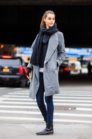 AUTUMN WINTER 2016-2017, AW 16-17, black boots, black scarf, blue denim, denim pants, fashion week, frenchystyle, full length, FW, FW 16-17, grey coat, jeans, jonathan paciullo, leather boots, model, NEW YORK, NYFW, pauline hoarau, street style, trousers, vertical, woman