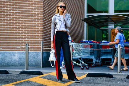 atmosphere details, black pants, black sneakers, fashion week, frenchystyle, full length, FW, grey jacket, horizontal, jonathan paciullo, leather jacket, leather perfecto, metallic jacket, MFW, MILAN, model, romee strijd, silver jacket, SPRING SUMMER 2017, SS 17, street style, striped pants, sunglasses, trousers, white bag, white t shirt