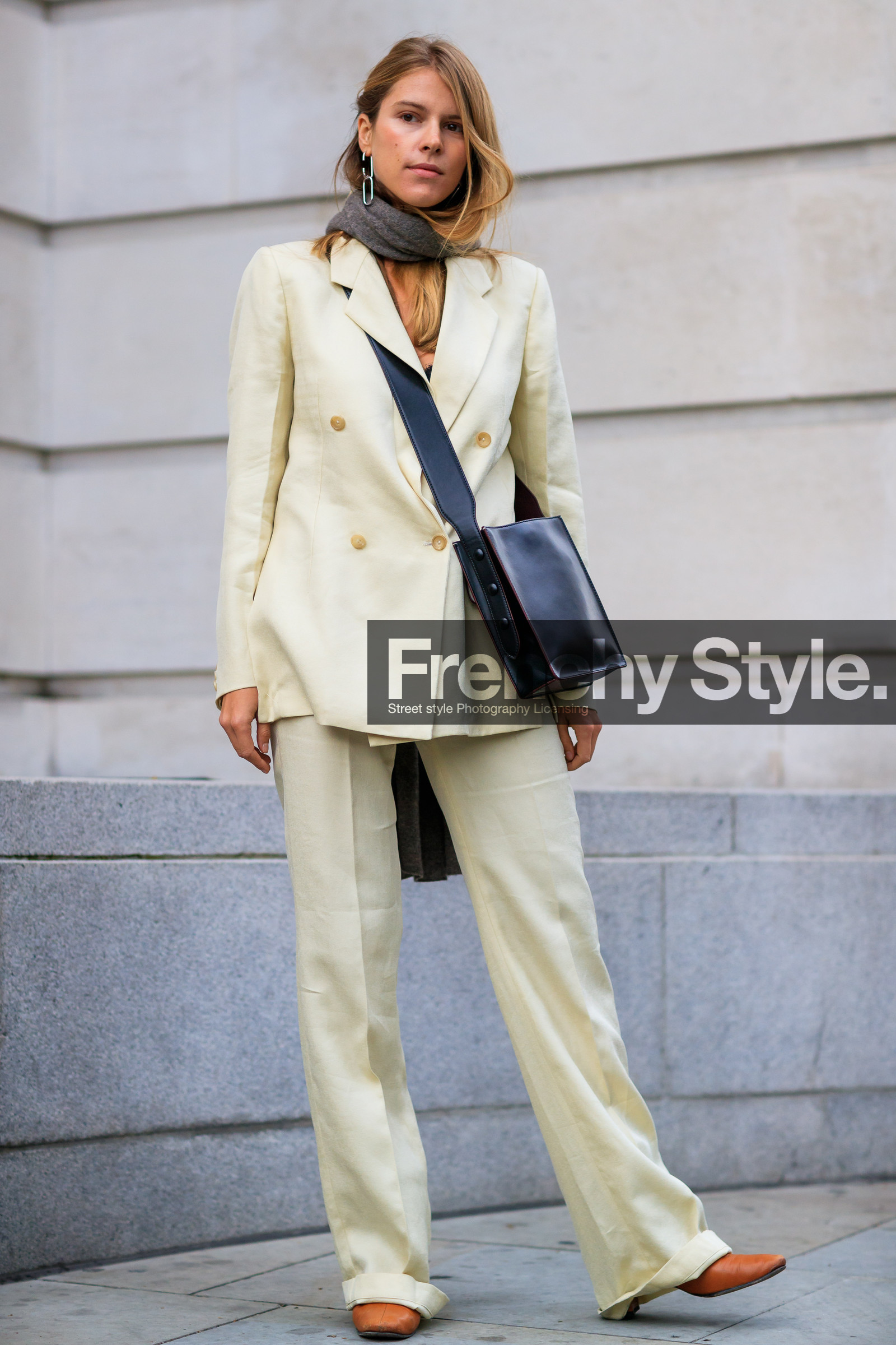 black bag, blazer, brown scarf, brown shoes, earrings, fashion week, frenchystyle, full length, FW, high heels, jonathan paciullo, leather bag, leather shoes, LFW, LONDON, monica ainley, SPRING SUMMER 2018, SS 18, street style, trousers, vertical, white jacket, white pants, white suit