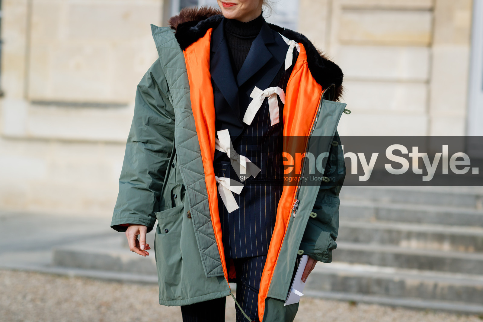 bow, brown fur, graphic suit, green coat, hood, navy jacket, navy pants, navy suit, parka, printed jacket, printed pants, printed suit, red lips, striped jacket, striped pants, striped suit, trousers, fashion week, frenchystyle, FW, jonathan paciullo, street style, PFW, PARIS, SPRING SUMMER 2017, SS 17, HAUTE COUTURE, atmosphere details, detail, horizontal, olga karput