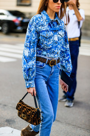 blue denim, brown bag, brown belt, denim jacket, denim pants, fendi, floral, flowers, graphic bag, graphic jacket, jeans, leather bag, leather belt, monogram, off white, printed bag, printed jacket, sunglasses, trousers, fashion week, frenchystyle, FW, jonathan paciullo, street style, MFW, MILAN, SPRING SUMMER 2019, SS 19, vertical, atmosphere details, detail