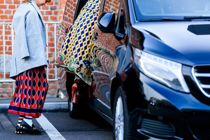 animal print, black shoes, checked, graphic jacket, graphic skirt, grey jacket, gucci, high heels, leather shoes, pearls, plaid, printed jacket, printed skirt, red shoes, red skirt, white socks, yellow coatà, fashion week, frenchystyle, FW, jonathan paciullo, street style, MFW, MILAN, AUTUMN WINTER 2018-2019, FALL WINTER 2018-2019, FW 18-19, horizontal, atmosphere details