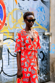 earrings, graphic dress, model, printed dress, red dress, short hair, sunglasses, fashion week, frenchystyle, FW, jonathan paciullo, street style, MFW, MILAN, SPRING SUMMER 2019, SS 19, vertical, atmosphere details, detail