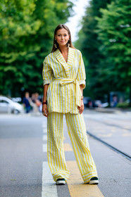 blazer, earrings, fashion week, frenchystyle, full length, FW, jonathan paciullo, MFW, MILAN, printed jacket, printed pants, printed suit, rings, SPRING SUMMER 2017, SS 17, street style, striped jacket, striped pants, striped suit, trousers, vertical, yellow jacket, yellow pants, yellow suit