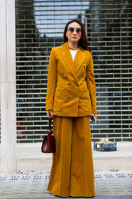 blazer, brown bag, brown suit, camel jacket, camel pants, camel suit, elizabeth von der goltz, leather bag, necklace, sunglasses, trousers, fashion week, frenchystyle, FW, jonathan paciullo, street style, LFW, LONDON, SPRING SUMMER 2019, SS 19, vertical, full length