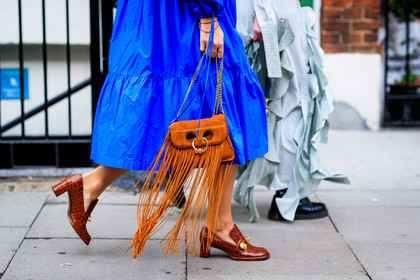 atmosphere details, blue dress, brown bag, brown shoes, detail, emili sindlev, fashion week, frenchystyle, fringes, FW, high heels, horizontal, jonathan paciullo, jw anderson, leather bag, leather shoes, LFW, LONDON, SPRING SUMMER 2018, SS 18, street style, suede bag