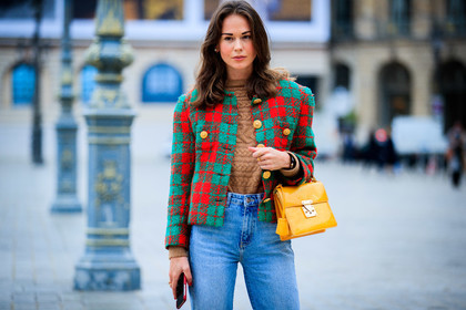 therese hellstrom, checked jacket, red jacket, green jacket, denim, light blue jeans, used jeans, flare jeans, yellow bag, polish bag, monogrammed bag, hand bag, louis vuitton bag, camel pullover, fashion week, frenchystyle, FW, jonathan paciullo, street style, PFW, PARIS, SPRING SUMMER 2021, SS 21, horizontal, atmosphere details, detail