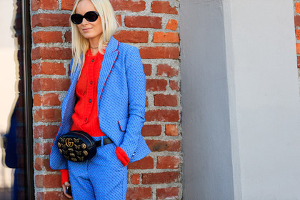 atmosphere details, black bag, blazer, blue jacket, blue pants, blue suit, detail, embroidered bag, fanny pack, fashion week, frenchystyle, FW, graphic bag, graphic jacket, graphic pants, graphic suit, gucci, horizontal, jonathan paciullo, leather bag, MFW, MILAN, printed bag, printed jacket, printed pants, printed suit, red sweater, SPRING SUMMER 2018, SS 18, street style, sunglasses, thora valdimars, trousers