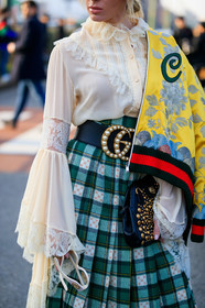 beige shirt, black bag, black belt, bomber jacket, checked, embroideries, golden details, graphic bag, graphic jacket, graphic skirt, green skirt, gucci, leather bag, leather belt, over the shoulder, pearls, plaid, pleated skirt, printed bag, printed jacket, printed skirt, studs, tartan, white blouse, yellow jacket, fashion week, frenchystyle, FW, jonathan paciullo, street style, MFW, MILAN, AUTUMN WINTER 2019-2020, AW 19-20, FALL WINTER 2019-2020, FW 19-20, vertical, atmosphere details, detail