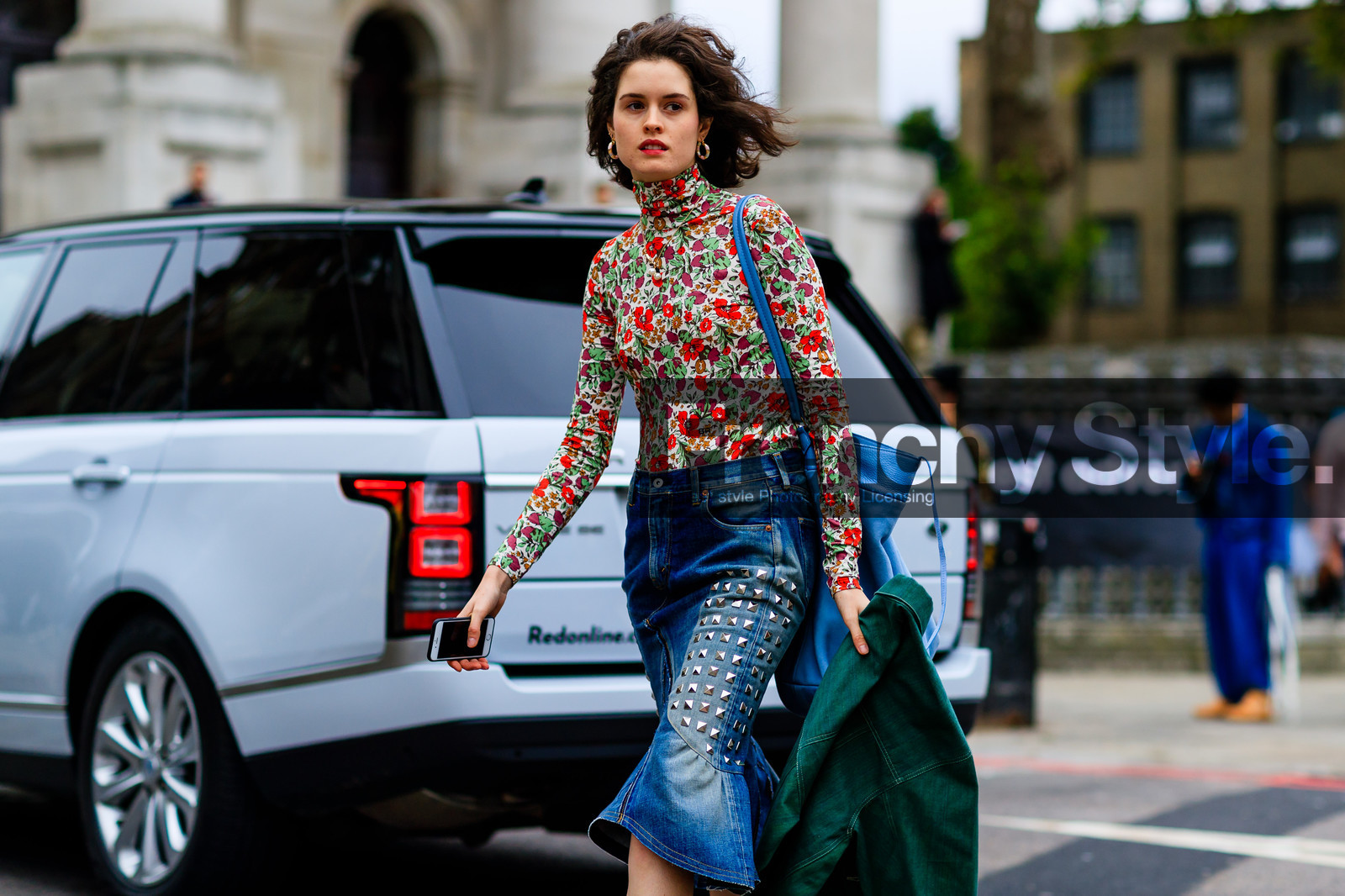atmosphere details, blue bag, blue denim, denim skirt, detail, fashion week, floral, flower, frenchystyle, FW, green jacket, horizontal, jonathan paciullo, leather bag, LFW, LONDON, printed top, SPRING SUMMER 2017, SS 17, street style, studs, woman