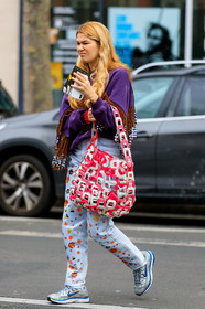 denim, purple sweatshirt, fringe sweatshirt, brown sweathirt, pearl embroidered sweatshirt, plastic pants, white jeans, floral printed jeans, floral embroidered jeans, red leather bag, white suede bag, plaited bag, white sneakers, blue sneakers, nike shoes, silvered sneakers, fashion week, frenchystyle, FW, jonathan paciullo, street style, PFW, PARIS, vertical, full length