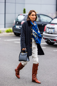 bag, black bag, blue scarf, boots, camel boots, Geraldine Boublil, hermes bag, jacket, leather bag, navy jacket, pants, printed scarf, quilted jacket, scarf, white pants, fashion week, frenchystyle, FW, jonathan paciullo, street style, PFW, PARIS, SPRING SUMMER 2022, SS 22, vertical, full length