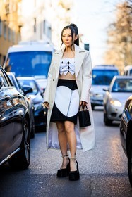 heart skirt, black skirt, white coat, white trench, assymetric bra, white bra, black bag, bucket bag, platform pumps, black pumps, pony tail, heart top, jessica wang, fashion week, frenchystyle, FW, jonathan paciullo, street style, vertical, full length