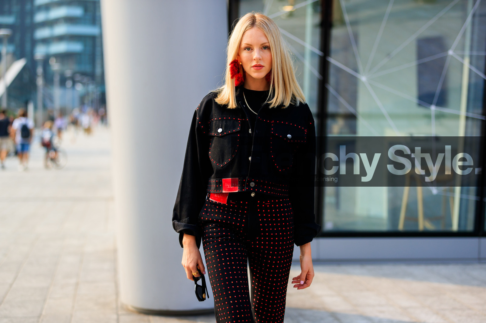 black denim, black jacket, black pants, caroline vreeland, denim jacket, denim pants, earrings, graphic jacket, graphic pants, jeans, polka dot, printed jacket, printed pants, shea marie, studs, trousers, fashion week, frenchystyle, FW, jonathan paciullo, street style, MFW, MILAN, SPRING SUMMER 2019, SS 19, atmosphere details, horizontal, detail