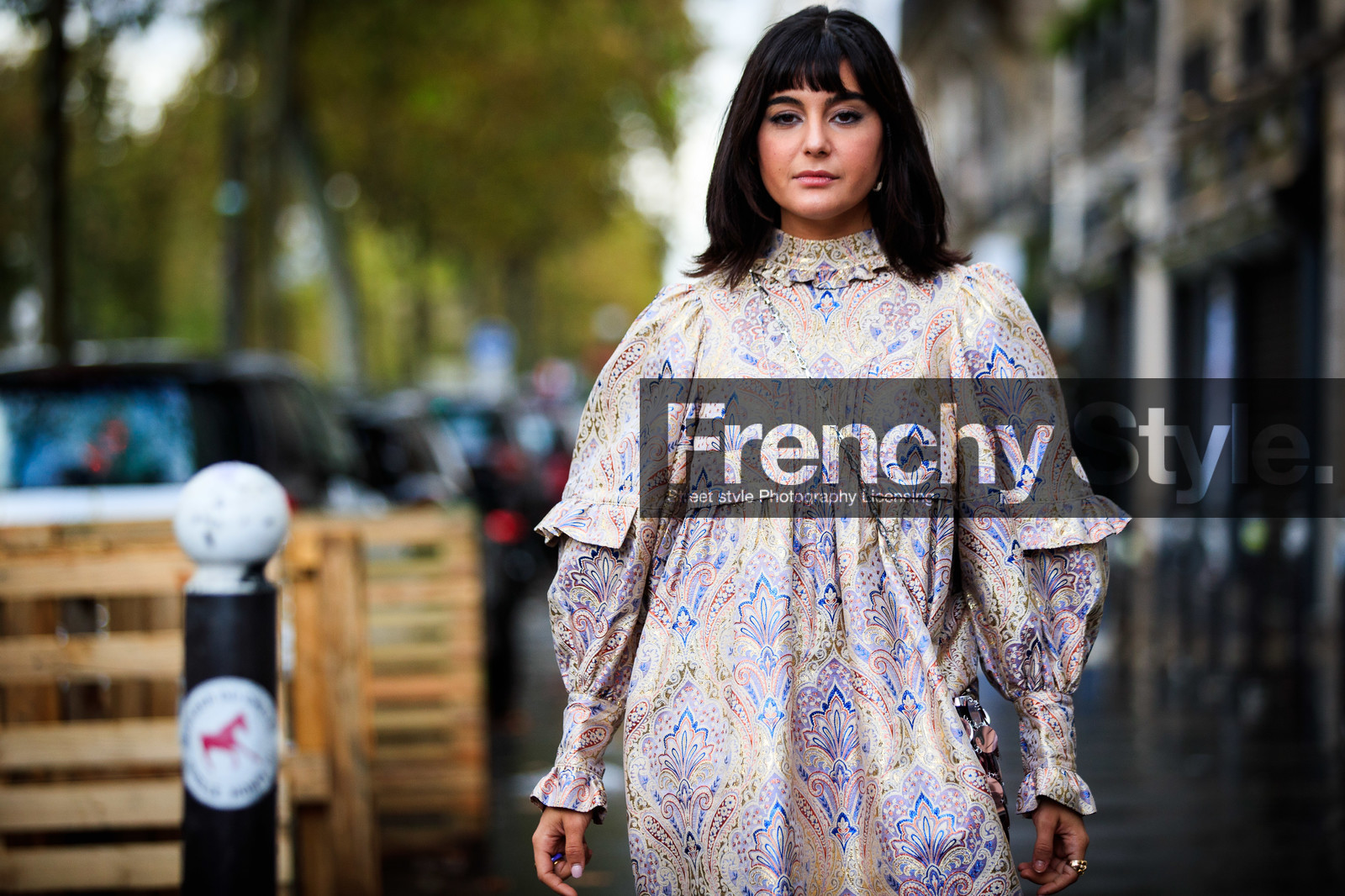 maria bernad, golden dress, cachemere printed dress, high collar dress, long sleeves dress, ruffle dress, long dress, lilac dress, crossbody bag, embroidered bag, light pink bag, silvered bag, silvered chain strap bag, round shape bag, paco rabanne bag, lurex dress, PARIS, PFW, fashion week, frenchystyle, FW, jonathan paciullo, street style, SPRING SUMMER 2021, SS 21, horizontal, atmosphere details, detail