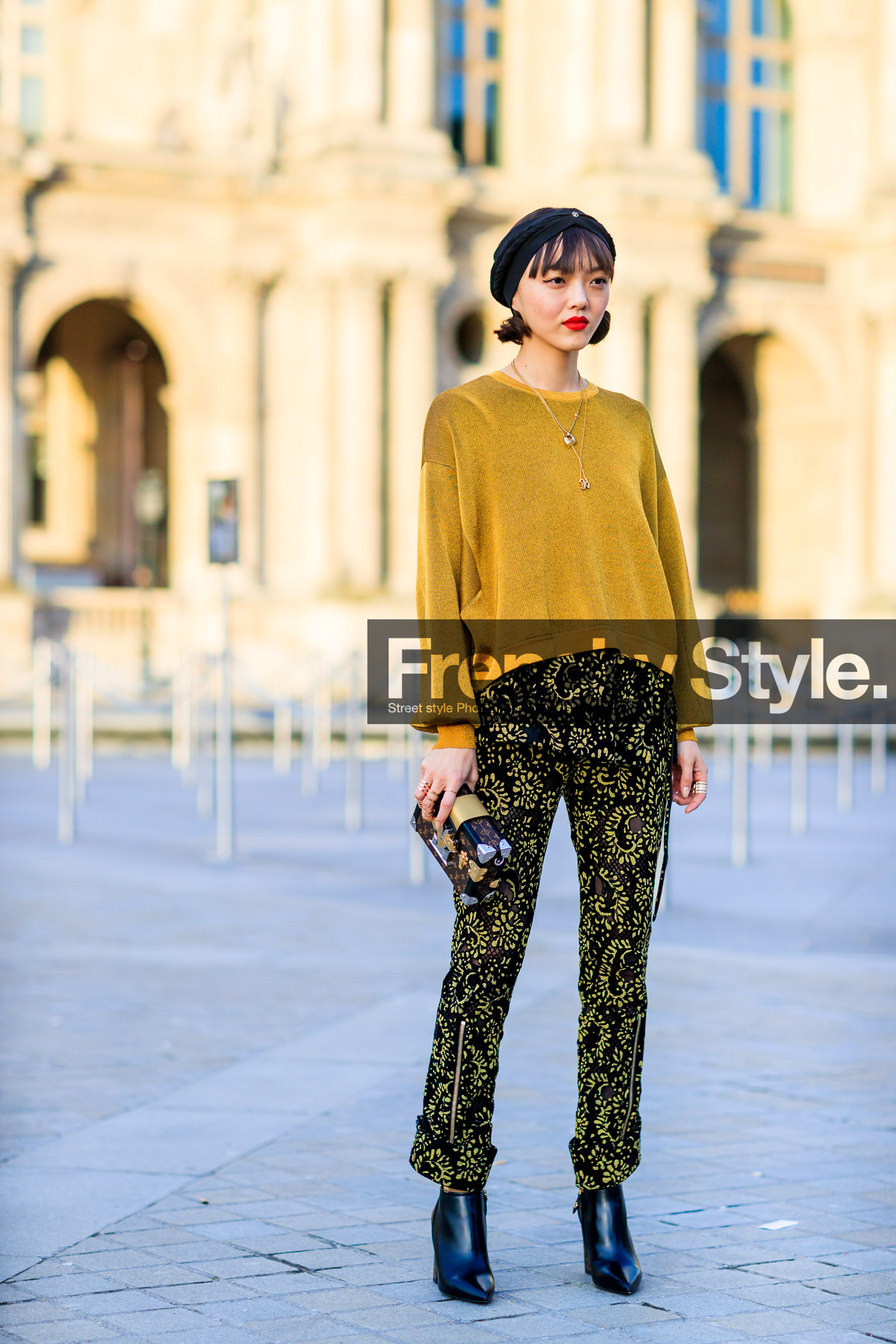 AUTUMN WINTER 2017-2018, AW 17-18, black shoes, brown bag, FALL WINTER 2017-2018, fashion week, frenchystyle, full length, FW, FW 17-18, high heels, jonathan paciullo, leather bag, leather shoes, louis vuitton, monogram, PARIS, PFW, printed pants, street style, trousers, vertical, yellow sweater